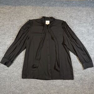 Goop G Label Size 12 Black Tie Neck Pussybow Blouse Ruffle Business Casual